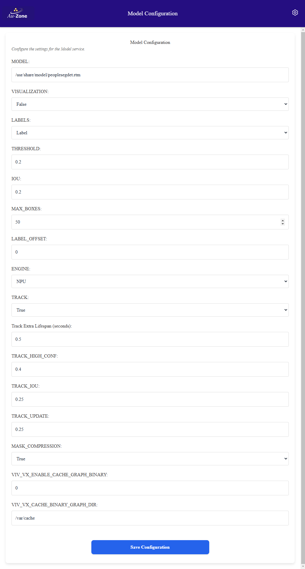 Model Settings page