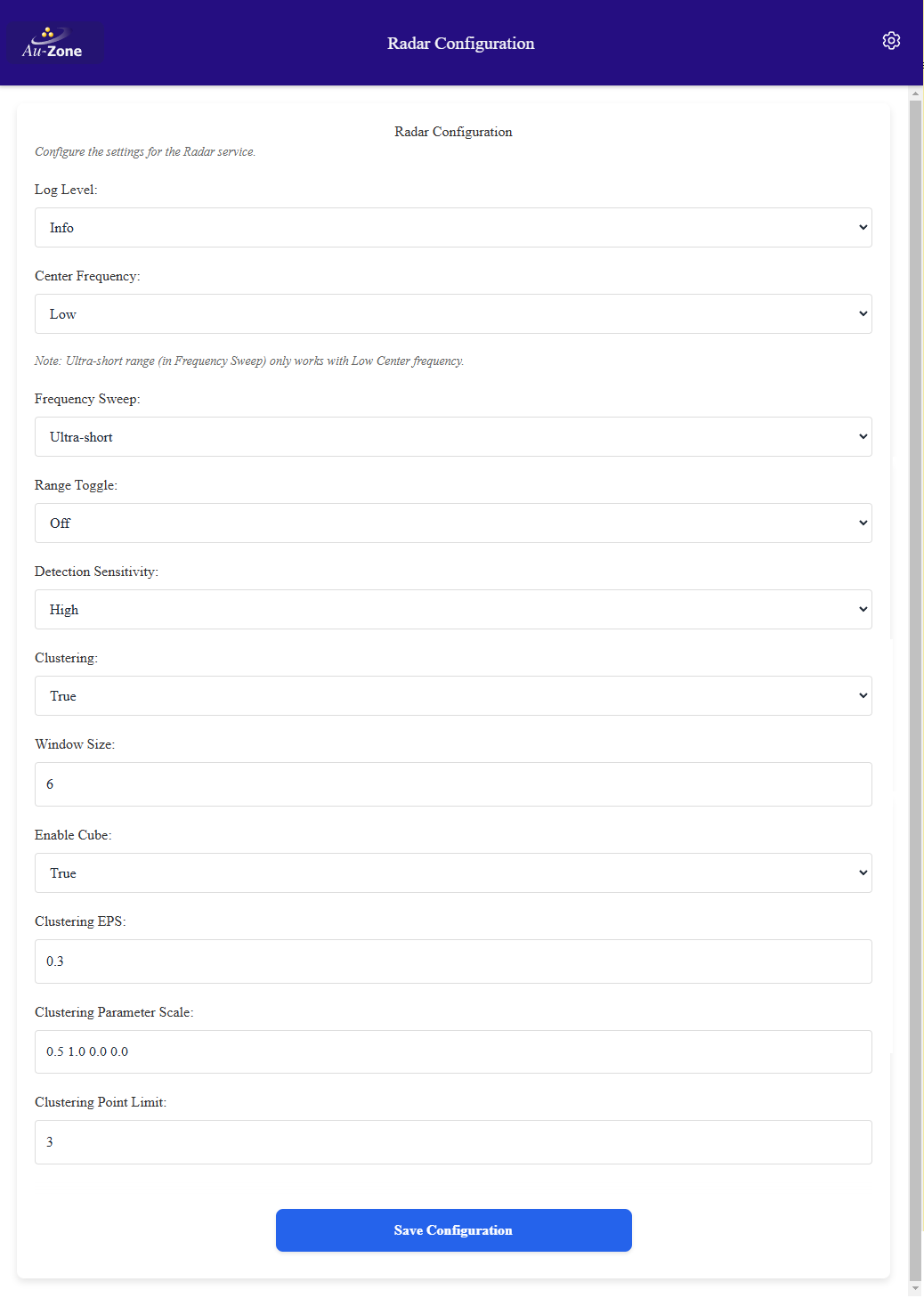 Radar Settings page